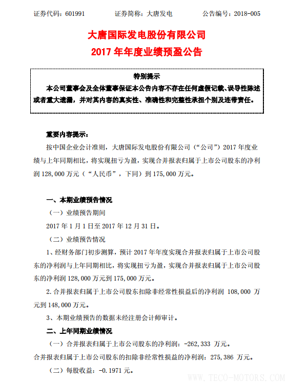 大唐發(fā)電2017年凈利潤12.80億至17.50億元 同比增長149%至167%